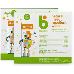 Babyganics DEET Free Travel Size Insect Repellant Wipes | 30 Wipes (2 Packs of 15)