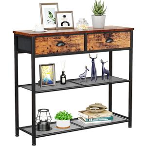 Furologee Console Sofa Table with Storage Shelf for Entry Way, Small 30'' Entryway Table with 2 Fabric Drawers, Industrial Display Shelves for Hallway, Entrance, Foyer, Rustic Brown (30.7 inch)