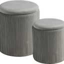 BLEXA Round Set of 2 Ottoman with Storage-Upholstered Velvet Vanity Stool for Makeup Multifunctional Ottomans Coffee Table Padded Seat Foot Rest for Living Room&Bedroom(Ligth Grey) (Basic, Light Gray)