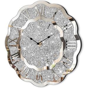 Crushed Diamond Mirrored Wall Clock Silver Modern Crystal Clocks for Bedroom Unique Home Decorative Glass Mirror Hanging Clock for Living Room Office Dining Decor