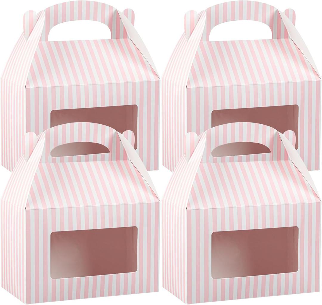 Restaurantware Bio Tek 8.5 x 4.8 x 5.5 Inch Gable Boxes For Party Favors, 25 Attractive Gift Boxes - Striped Design, With Clear PET Window, Pink And White Paper Barn Boxes, Built-In Handle