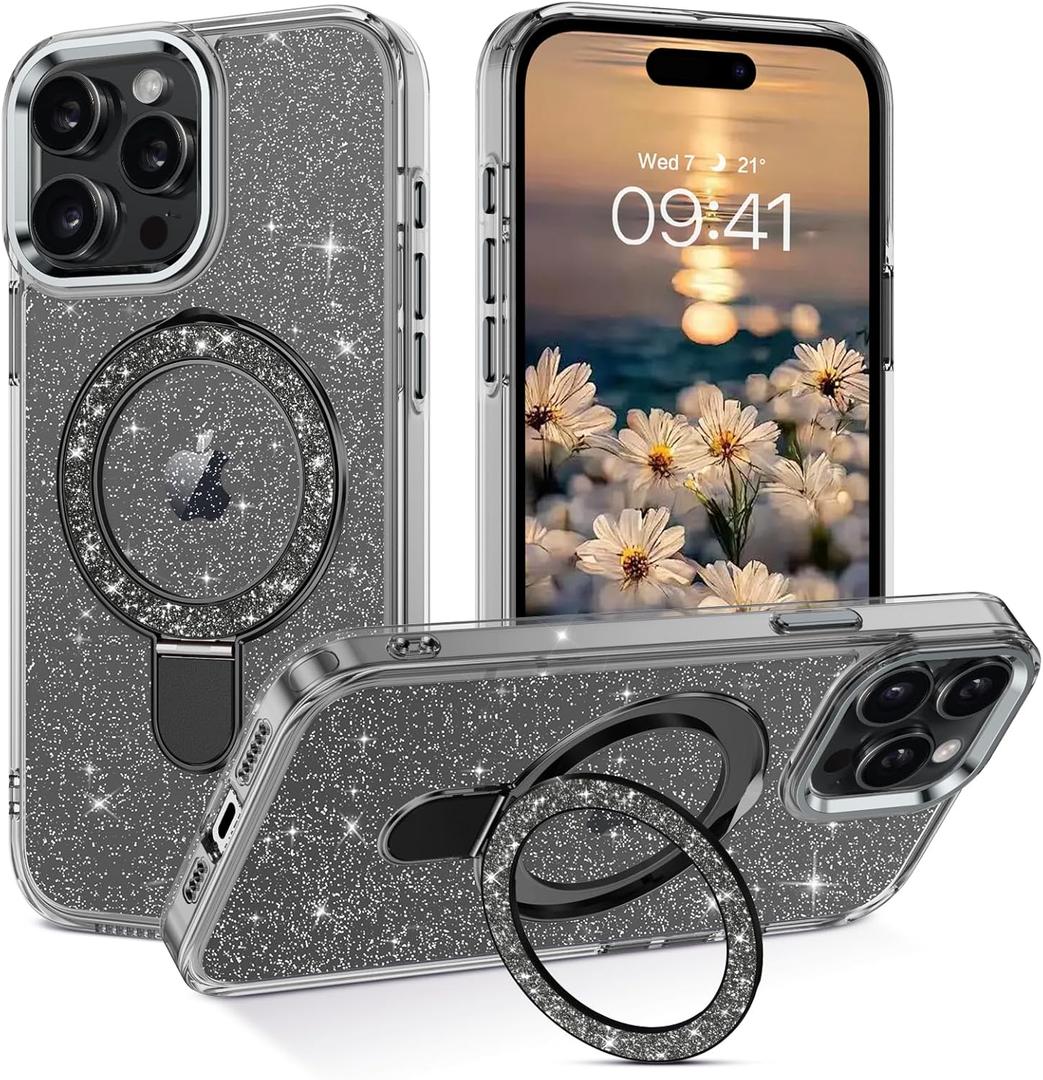 DOMAVER Magnetic Case for iPhone 15 Pro Max 6.7" with Stand [Compatible with Mag Safe], Glitter Bling Translucent Slim Back Shockproof Protective Soft Cover with Bling Kickstand for Women Girls- Black