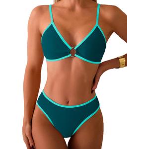 Fanuerg Women's Triangle Bikini Sets Circle Ring Linked Two Piece Swimsuit Color Block Cheeky Bathing Suits (Blue Green, XS)