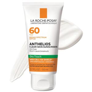 La RochePosay Anthelios Clear Skin Sunscreen Dry Touch SPF 60, Oil Free Sunscreen For Face, Oil Absorbing, Broad Spectrum SPF + Antioxidants, NonGreasy, Oxybenzone Free, Travel Size