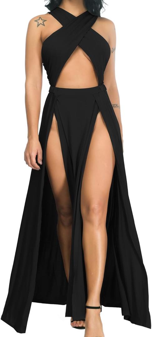 Velius Women Sexy Hollow Out Halter Wrap Sleeveless Plain Pleated Slit Casual Long Maxi Dress (Large, Black)