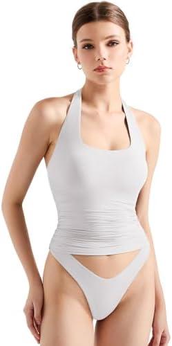 SUUKSESS Women Halter Tank Tops Double Lined Backless Y2K Trendy Going Out Tops, (Snow White, Small)