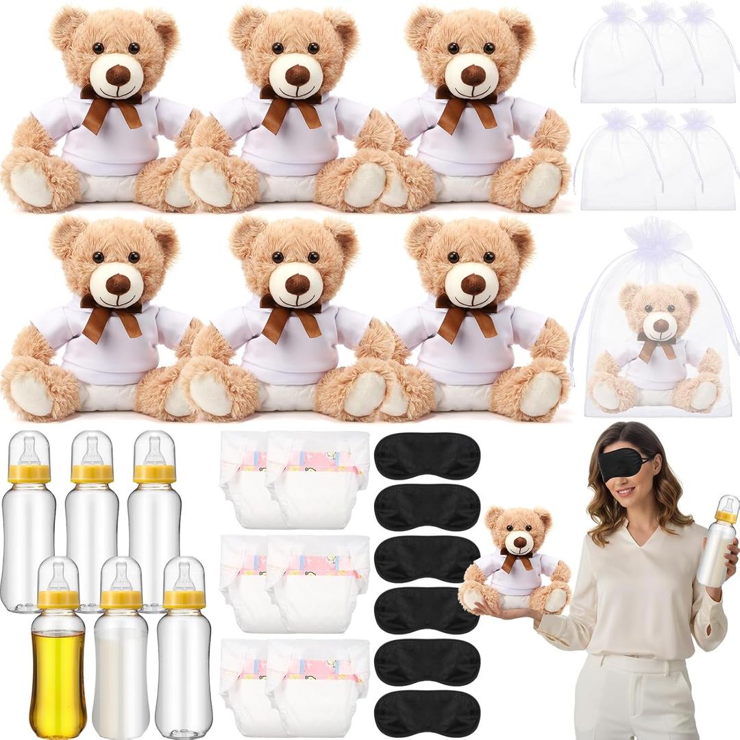 Soulchen 6 Set Bear Blindfolded Diaper Changing Baby Shower Games 14 Inch Bear Plushes with Dolls Diapers Bottles Shirts for Gender Reveal Bridal Shower Game Prize Gift Guest Adult(Khaki)