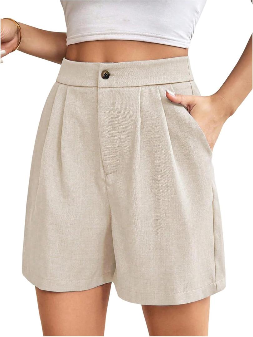 Floerns Women's High Waist Straight Leg Shorts Pleated Casual Shorts with Pocket (Beige, L)