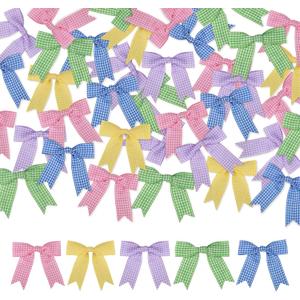 Meseey 50 Pcs Gingham Ribbon Bows with Twist Tie 2.5" Pink Purple Blue Yellow Green and White Buffalo Check Premade Bows for Gift Wrapping Basket Wedding Baby Shower Brithday Party (Spring)
