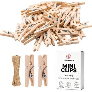 LOTIMOYIA Mini Clothes Pins 200 Pcs - 1" Wooden Clothespins with 11FT Jute Twine,Small Clothes Pins for Photos, Crafts, Home Decor & Art Projects, Reusable Multi-Purpose Clothespins for DIY Projects