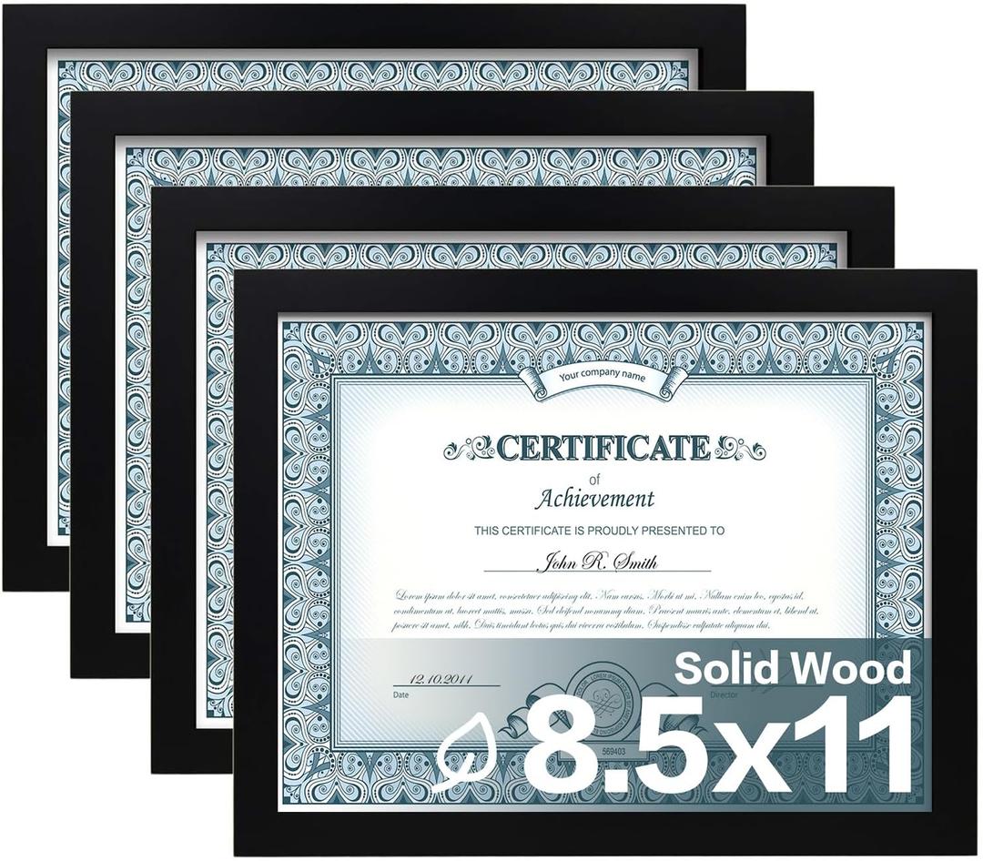 Egofine 8.5x11 Picture Frames Set of 4, Made of Solid Wood Covered by Plexiglass for Document,Diploma, Certificates and Degree, for Table Top Display and Wall Mounting Photo Frame Black