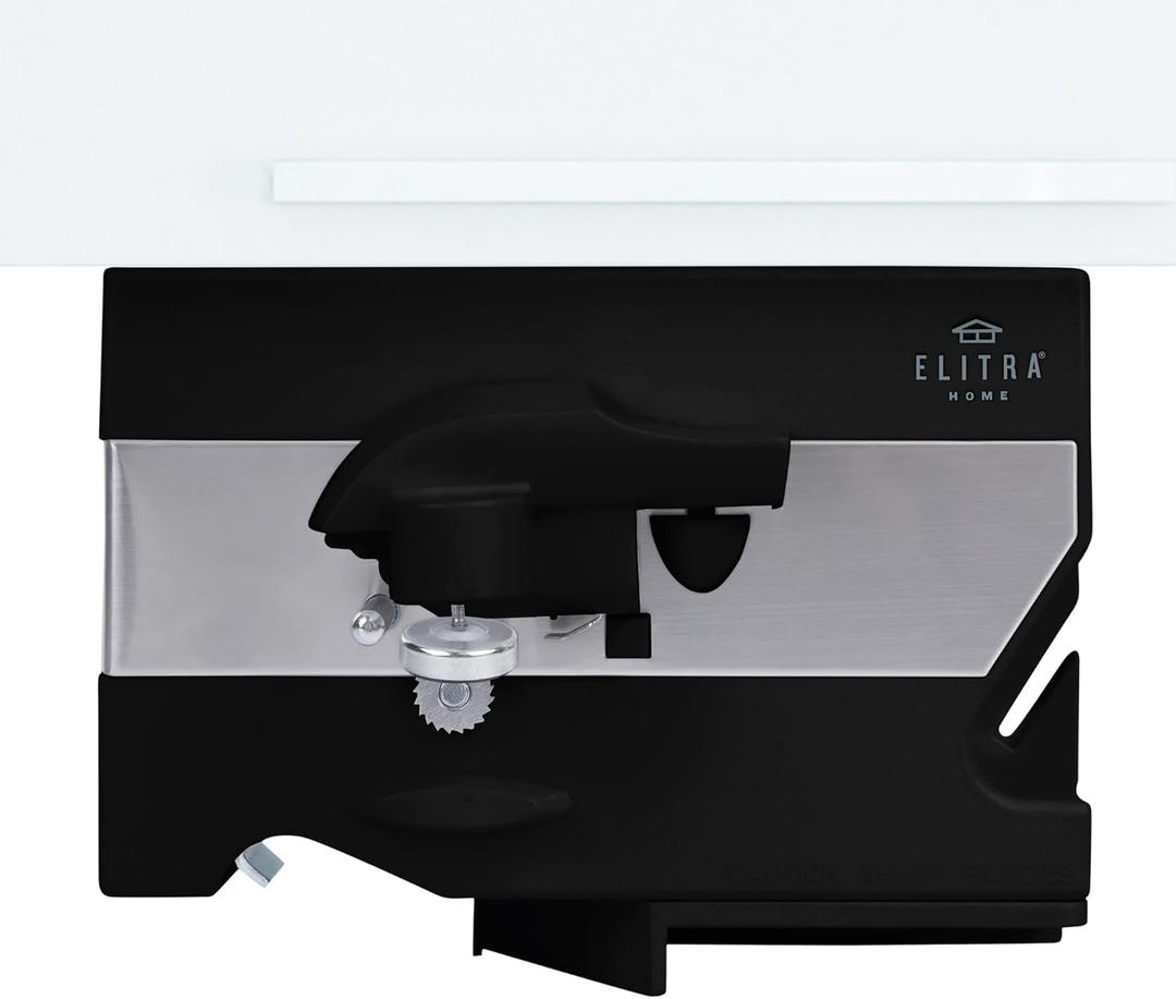 Electric Can Opener - 4 in 1 Under the Cabinet Mounted Can Opener, Blade Sharpener, Bottle Opener, Jar Opener, Mounting Bracket, Large or Small Cans for Seniors with Arthritis - Elitra Home (Black)