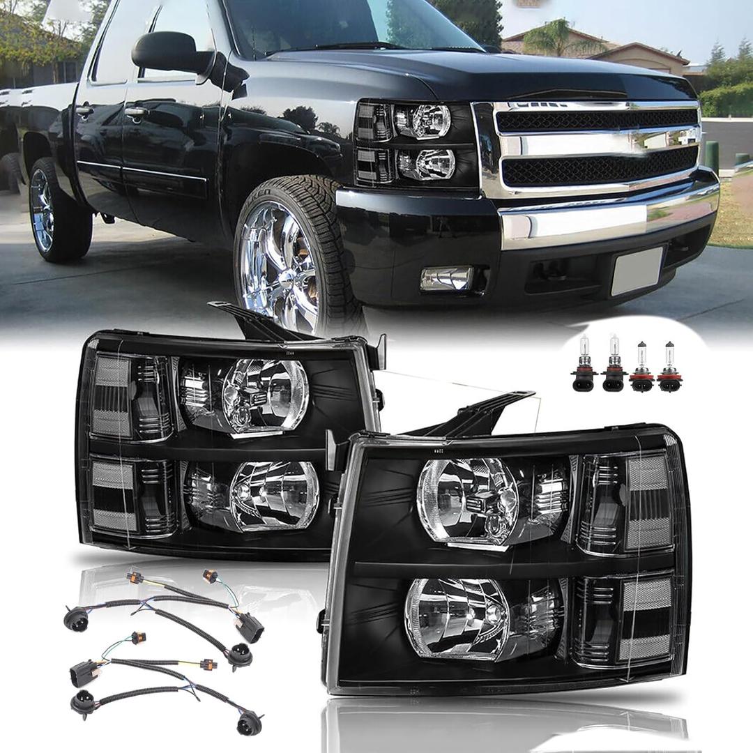 Headlights Assembly w/Bulb & Wiring Harness for 2007-2013 Chevy Silverado 1500, 07-14 Silverado 2500HD 3500HD Replacement Headlamp Assembly, Black Housing Clear Side