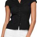 Women Y2k Button Down Blouse Short Sleeve V Neck Collared Cropped Shirt Tops Slim Fit Coquette Going Out Tops L