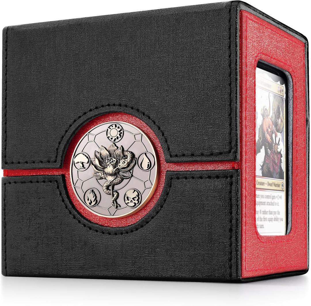 Kabinka Commander Deck Box for MTG with Dice Tray, Holds 100 Double-Sleeved Cards,Card Deck Box with Metal Emblem for TCG/PTCG, Cards Storage Case with 35PT Magnetic Card Holder (Black/Red, Lotus)