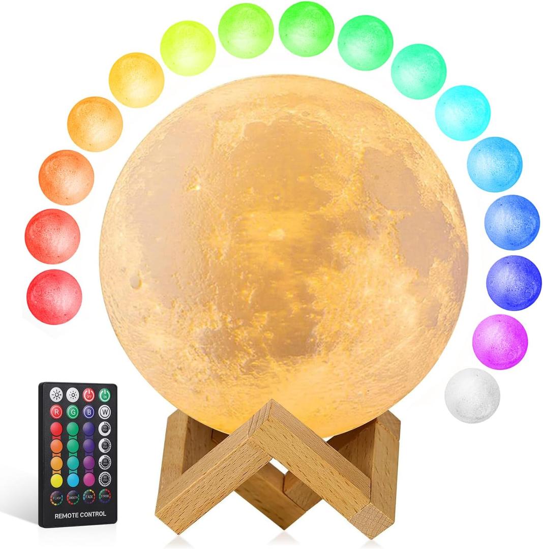 Moon Lamp Upgrade 16 Colors, Moon Light Gifts for Girls Boys Kids Women Birthday, Teen Gifts Trendy Stuff, Cool Astronomy Gifts, Shelf Decor, Remote & Touch Control Moon Night Light, Diameter 4.8 inch (Yellow)