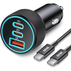 67W 3-Port Super Fast Type C Car Charger USB C for Samsung Galaxy S26 S25 S24 S23 S22 Ultra, iPhone 17/Air/16/15 Pro Max, Android, PD/QC Car Phone Adapter Accessories for Men Women + 3FT USB-C Cable