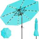 9FT Solar Umbrella 32 LED Lighted Patio Umbrella Table Market Umbrella w/Tilt and Crank, UV-Resistant Outdoor Umbrella for Pool, Garden, Deck, Aqua Blue