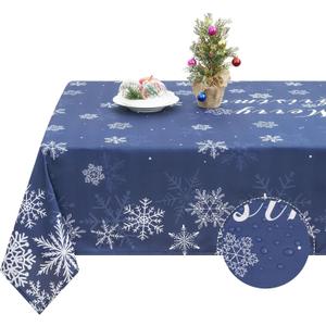 FRAMICS Christmas Tablecloth, Snowflake Table Cloth Waterproof Navy Blue Tablecloths for Dining Kitchen Winter Holiday, Spill-Proof Table Cover for New Year Party Home Decor, Square 55 x 55 Inch, Blue
