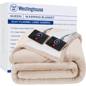 Westinghouse Electric Heated Blanket - Queen Size, Soft Flannel to Sherpa, 10 Heating Levels, 12 Hour Auto Off, Machine Washable, 84x90 Inch, Beige