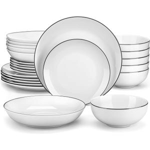 MALACASA 24-Piece Gourmet Porcelain Dinnerware Sets, Modern White with Black Rim Round Dish Set for 6 - Premium Serving Plates and Bowls Sets for Dessert, Salad, Soup, Pasta - Series AMELIA