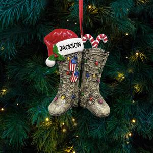 2 x Custom DIY Name Army Christmas Ornaments for Xmas Tree, Military Christmas Ornaments, Veteran Boots, Army Man Ornament, Gifts for Men, Soldier, Dad, Grandpa, Veteran