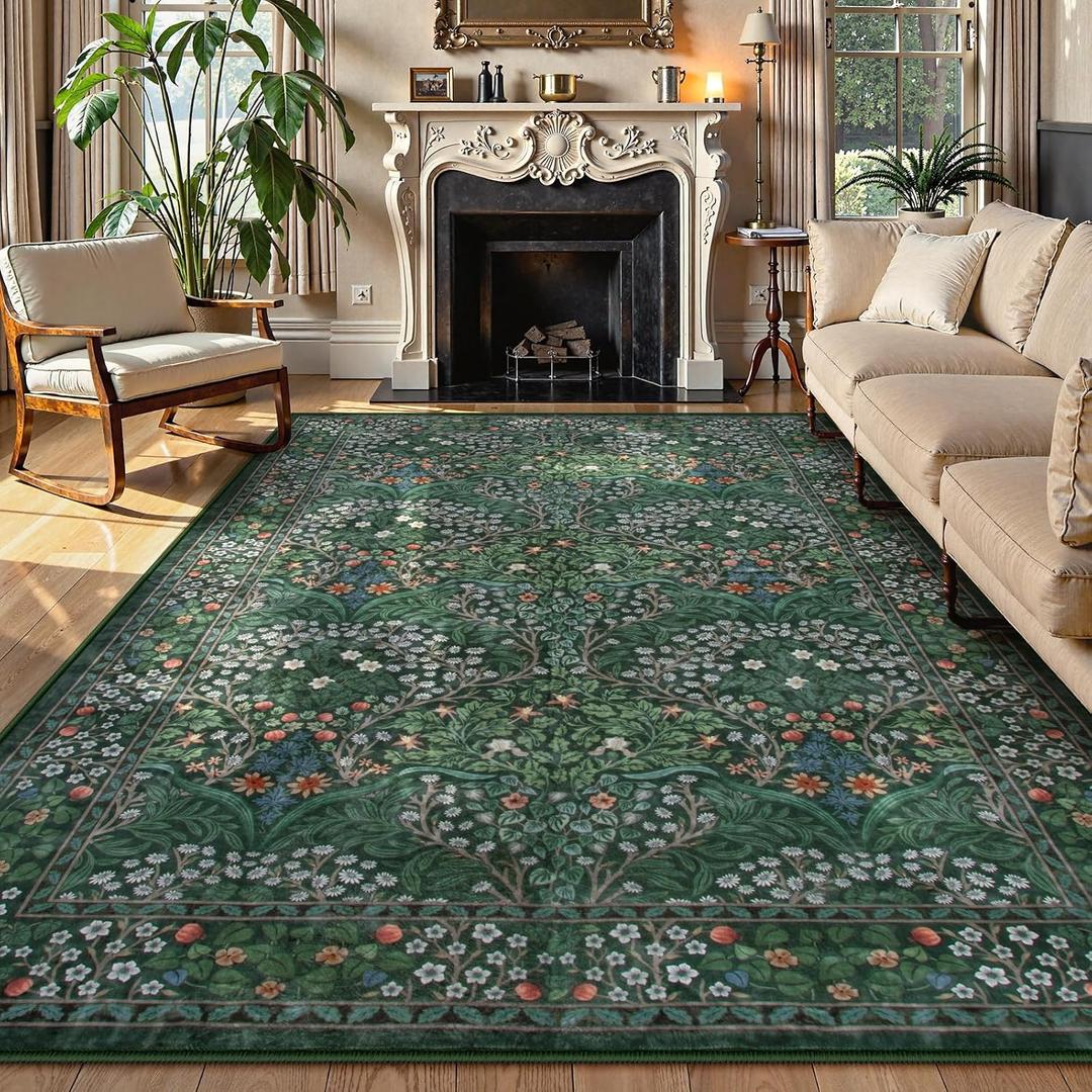 Lahome Living Room Rugs 8x10, Soft Green Washable Area Rug for Bedroom, Boho Non-Slip Floral Forest Large Carpet for Dining Room Office Giverny, Dark Green