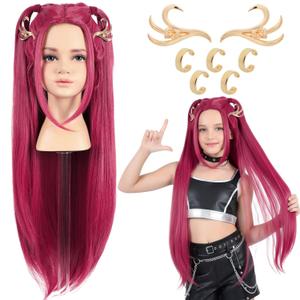 Long Red Pink Anime Costume Wig  High Temperature Heat Resistant Silk Fiber  Natural Looking Costume Wig for Halloween Party, Cosplay (Small Size)