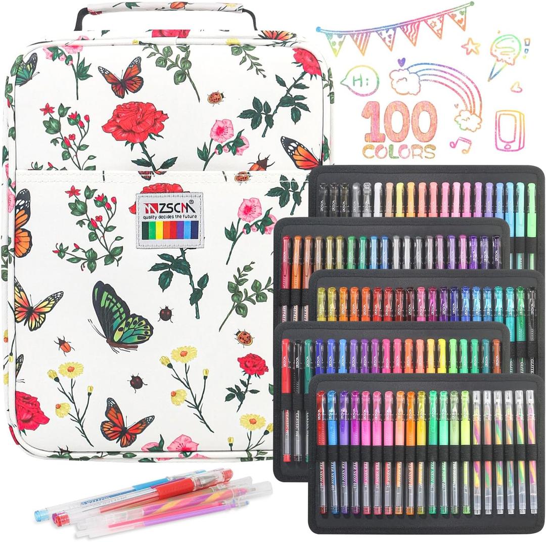 194 Pack Glitter Gel Pen Set, 100 Art Colored Pens Including 94 Gel Pens, 6 Glitter Rainbow Pens, 94 Matching Refills Themed Canvas Case for Adult Coloring Books, Journaling, Scrapbooks