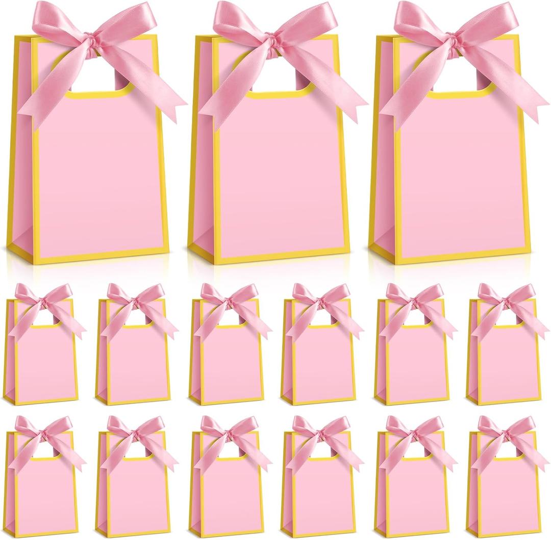 Kolldenn 24 Pcs Small Gift Bags with Bow 6.3 x 3.9 x 2.8 Inch Thank You Gift Bags Elegant Mini Paper Bag with Handles for Wedding Bridal Birthday Baby Shower Bridesmaid Party Favors(Pink)