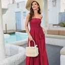 Women Strapless A Line Maxi Dress Tube Top Backless Casual Summer Dress (Red) S