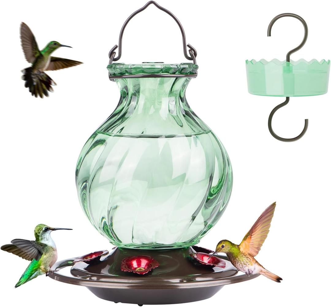 Auslar 26 Ounces Hummingbird Feeder, Hummingbird Feeders for Outdoors Hanging, Ant Moat and 5 Flower Feeding Ports, Fade Proof, Rustproof, Leakproof, Netted Flower Bud Shape Bottle, Green