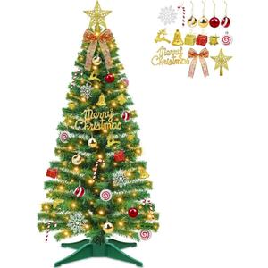 [ 71 Ornaments ] 4 Ft Mini Artificial Christmas Tree with 100 Warm White Light 3D Star Merry Christmas Sign Ball Bow Deer Snowflake Gift Box Timer Battery Operated Xmas Tree for Indoor Home Decoration (Green)