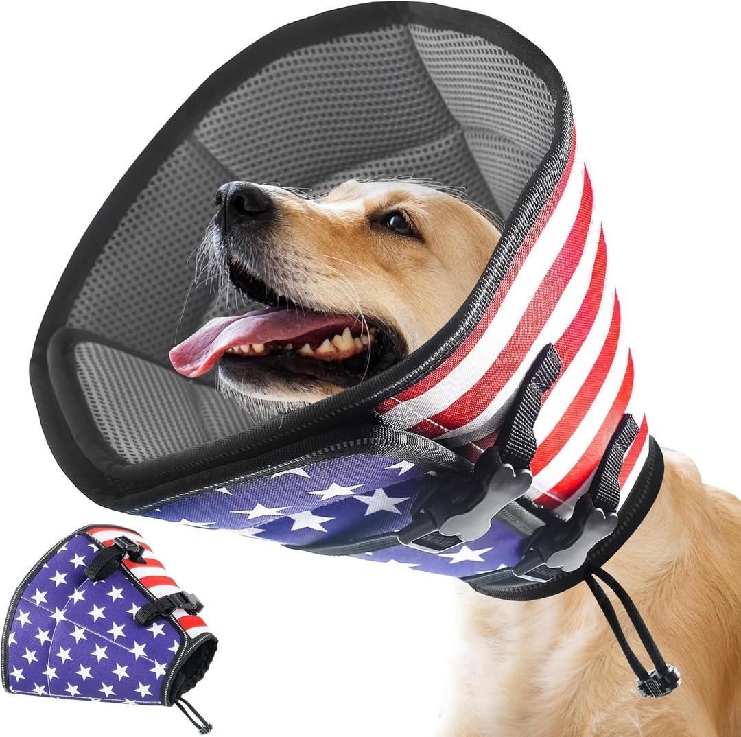 TDTOK Soft Dog Cone for Large Dogs After Surgery, Flag Pattern Recovery Collar for Pet with Double-Layer Design, Adjustable Breathable Elizabethan Collar Cone Prevents Licking Wounds