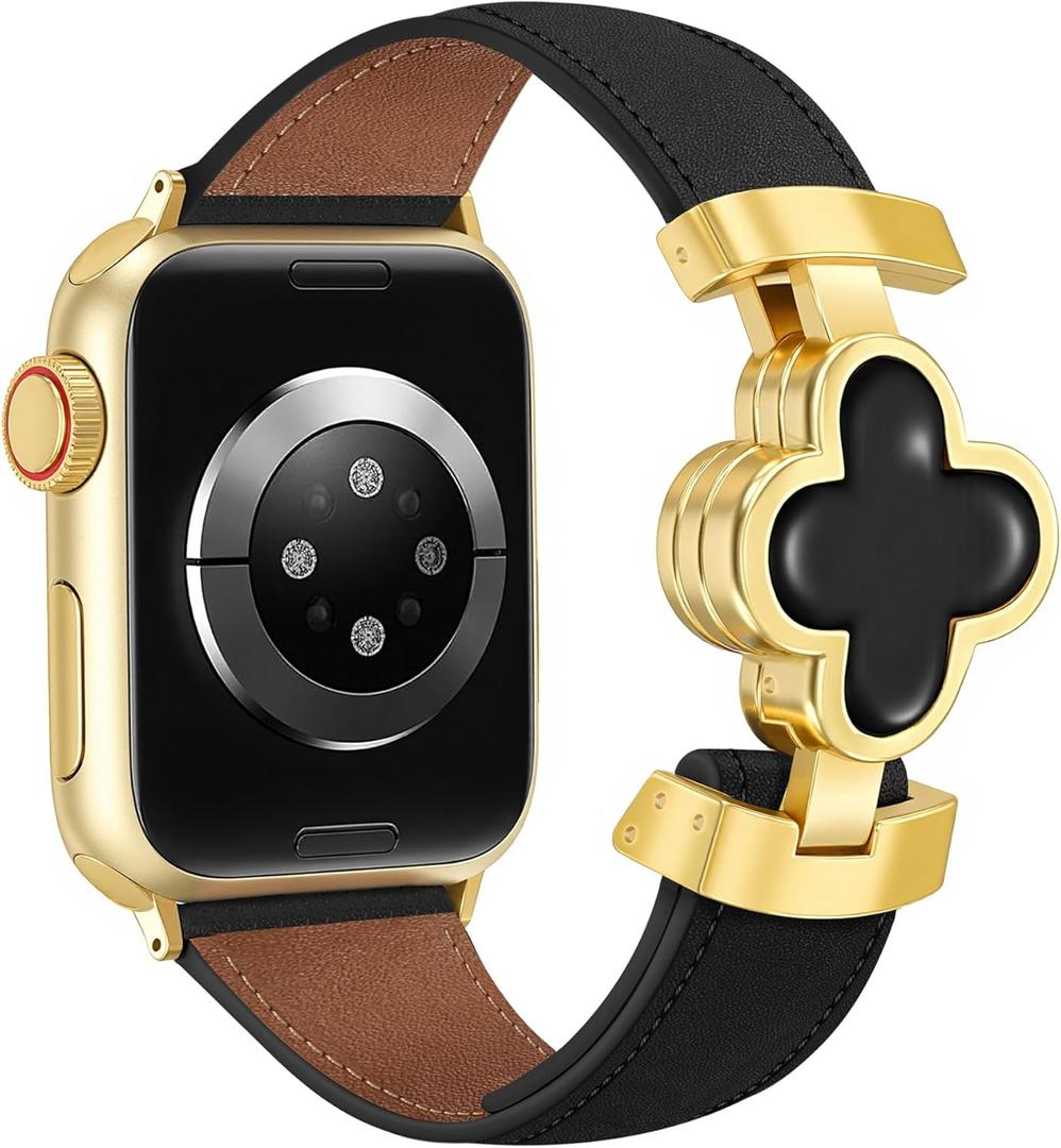 MOINSPIRE Designer Slim Leather Bands for Women,Lucky Four-Leaf Clover Cute Dressy Magnetic Watch Bands for iwatch Compatible with Apple Watch Series 11/10/9/8/7/6/5/4/3/2/1 SE 1/2/3 Ultra 1/2/3