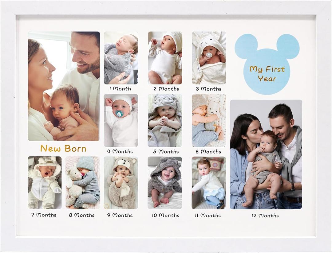 My First Year 12 Month Picture Frame,Baby Keepsake Photo Frame with Double Mat13x17 Collage Frame Wall Hanging for Nursery Decor 14 Photo Inserts,New Mom Gift,White