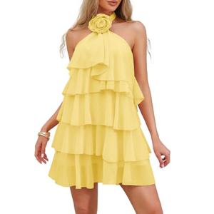 Kaei&Shi Women's Chiffon Halter Neck Mini Dress Tiered Ruffle Backless Birthday Brunch Dresses with Detachable Flower Yellow X-Large