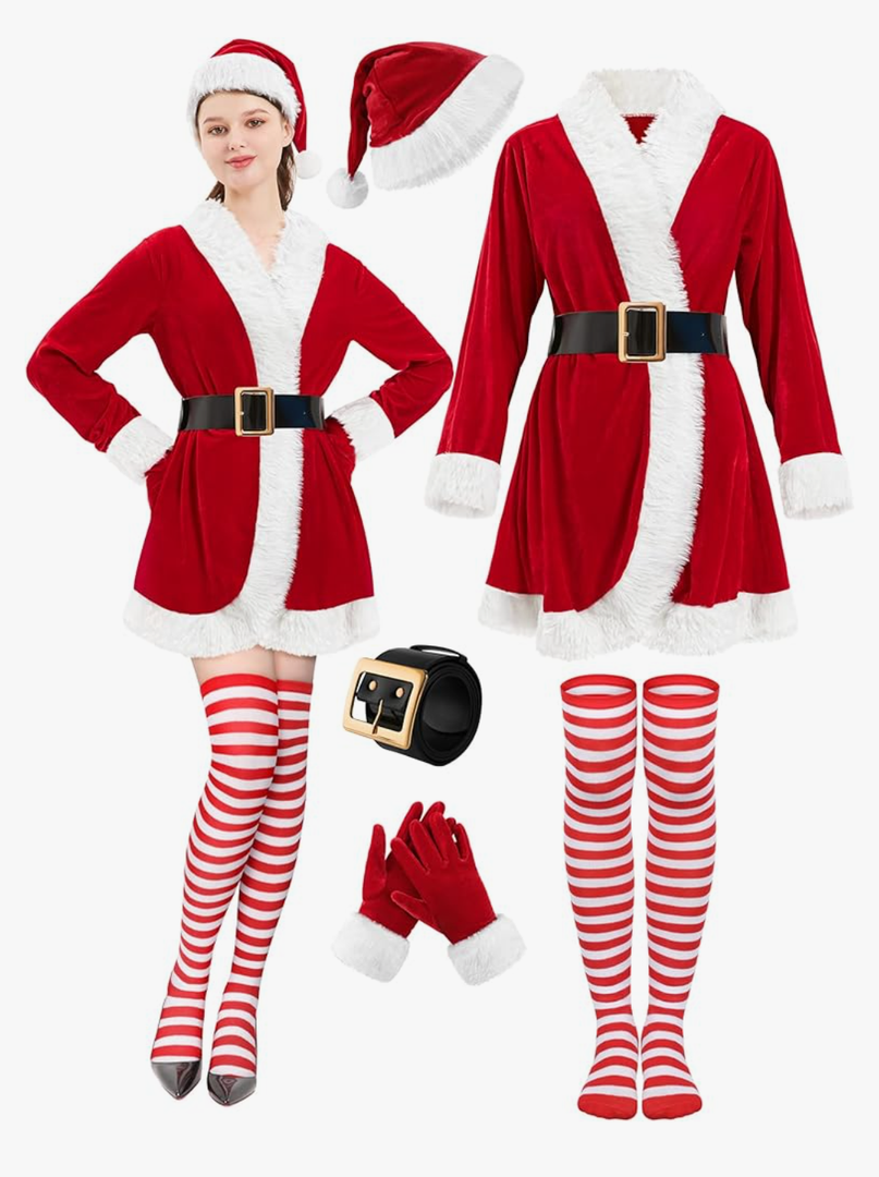 5 Pcs Mrs Claus Costume Adult Women, Santa Christmas Outfits for Women Velvet Dress with Belt High Socks Hat Gloves, XL
