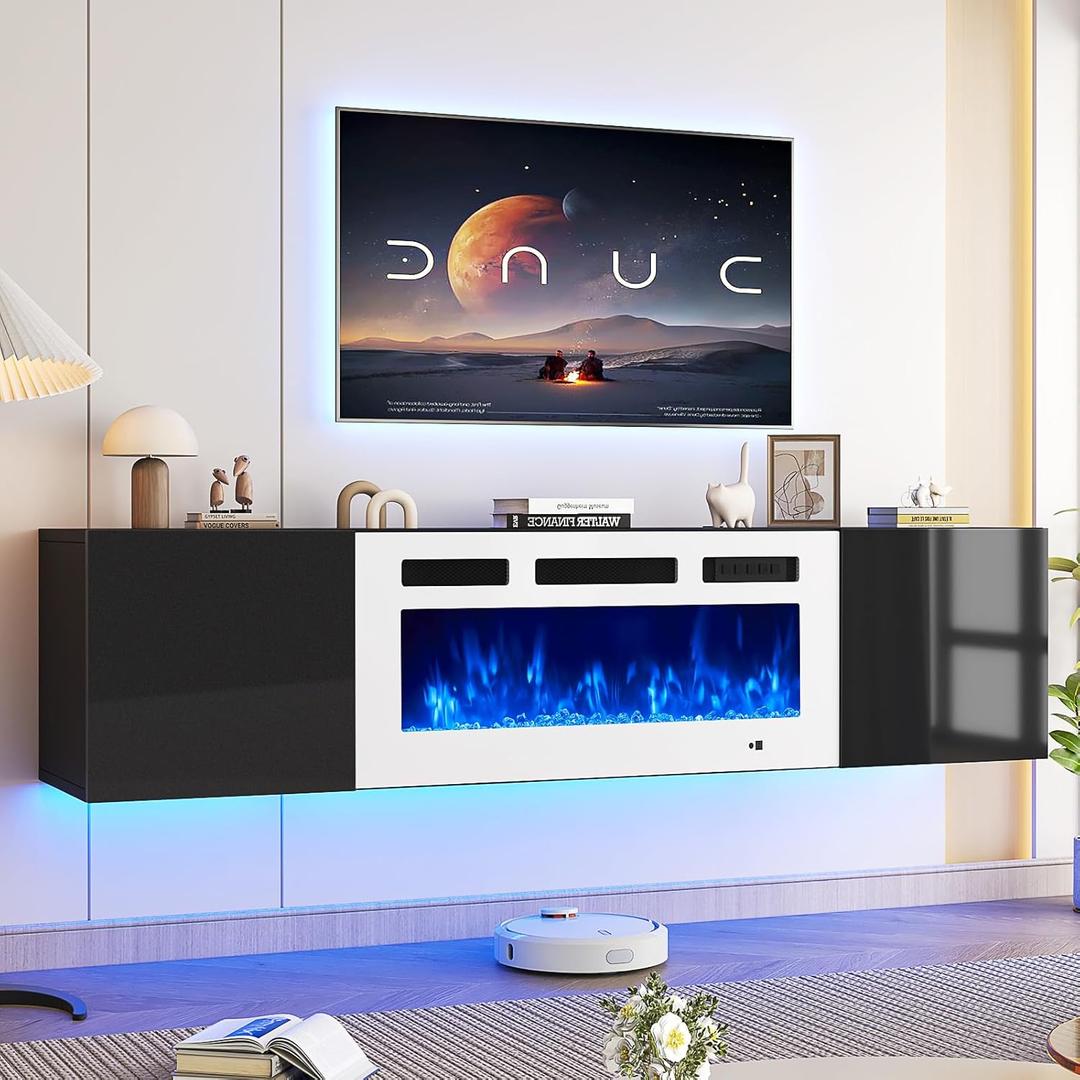 oneinmil Floating TV Stand with 36" Electric Fireplace, Wall Mounted Fireplace Entertainment Center with Storage, 70" TV Console with Fireplace, Floating TV Cabinet, Black+White