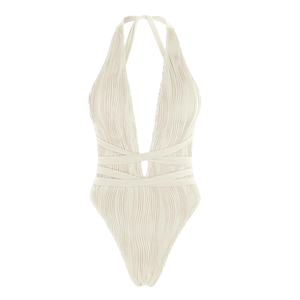 ZAFUL Women's One Piece Swimsuit Deep V Neck Ribbed Self Tie Sexy High Cut Bathing Suit Crisscross Back Swimwear, Size XL