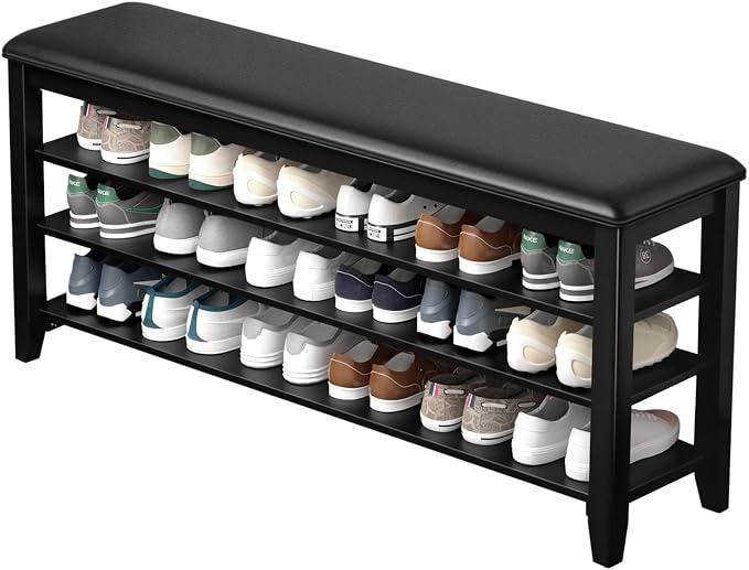 Taitiy Shoe Rack Bench, 3 Tier Adjustable Shelves Wood Entryway 23.6'' | Shoe Storage Bench with Cushion, Solid Wood, for Hallway, Bedroom Closet, Space Saving Storage, Size: 47.2''