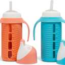 Tabor Place Set of 2 - Glass Sippy Cup for Toddlers - The Luca | Spill-Proof | Silicone Straw | Blue & Orange | 8 oz | Liquids Never Touch Plastic | Removable Handles (Blue)