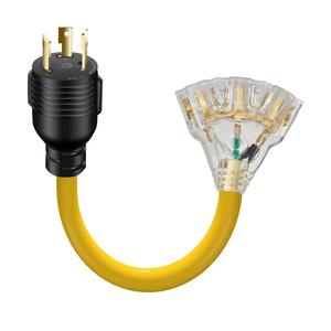 30 Amp to 110 Outdoor Generator Adapter Power Cord, 3 Prong Locking 30 Amp to 15 Amp Generator Cord, NEMA L5-30P Male to 3X 5-20R Female with Lighted End, 1.5FT