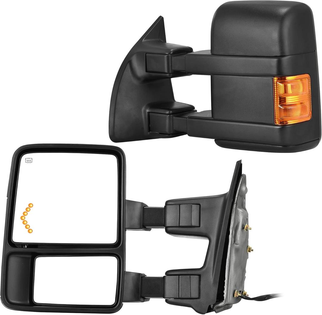 AUTOSAVER88 Towing Mirrors Compatible with 2008-2016 Ford F250 F350 F450 F550 Super Duty Mirror with Amber Turn Signal Light Power Heated Manual Telescoping Folding Pair Black