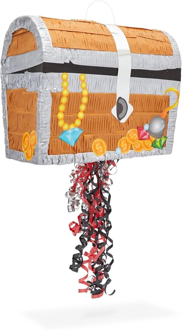 Pull String Treasure Chest Pinata For Kids Pirate Birthday Party Decorations (Small 12 X 10 6.5 In) Multi Color Wood