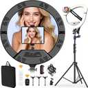 22" Foldable Large Ring Light with Stand for iPhone iPad,75" Tripod with Overhead Shooting Bracket 50W 6500K 4 Clips/LCD Display/2 USB PortsTattoo Barber Makeup Studio Video Photography Lighting