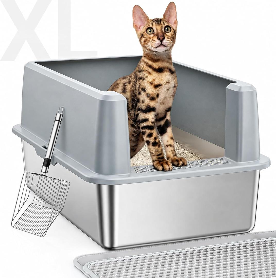 WoofiGo XL Stainless Steel Litter Box, High Sided Litter Pan for Big Cats