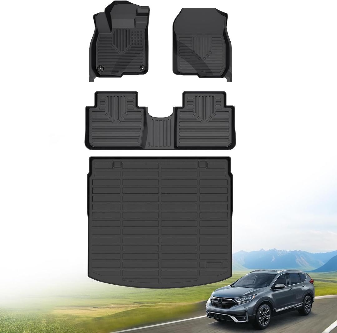 Hutisya-Floor Mats & Cargo Liner Set Fit for 2017-2022 Honda CR-V (Deck in Upper Position)(Not for Hybrid) All Weather Protection Anti-Slip & Durable TPE Full Set Liners Automotive Accessories-Black