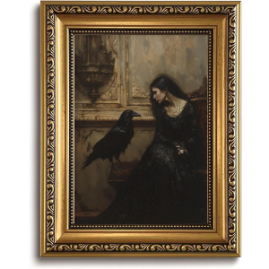 Mrysuart Vintage Gold Framed Wall Art Dark Academia Canvas Prints Gothic Cottagecore Pictures Wall Decor Victorian Lady Raven Paintings Artwork for Living Room Bedroom 8x10in