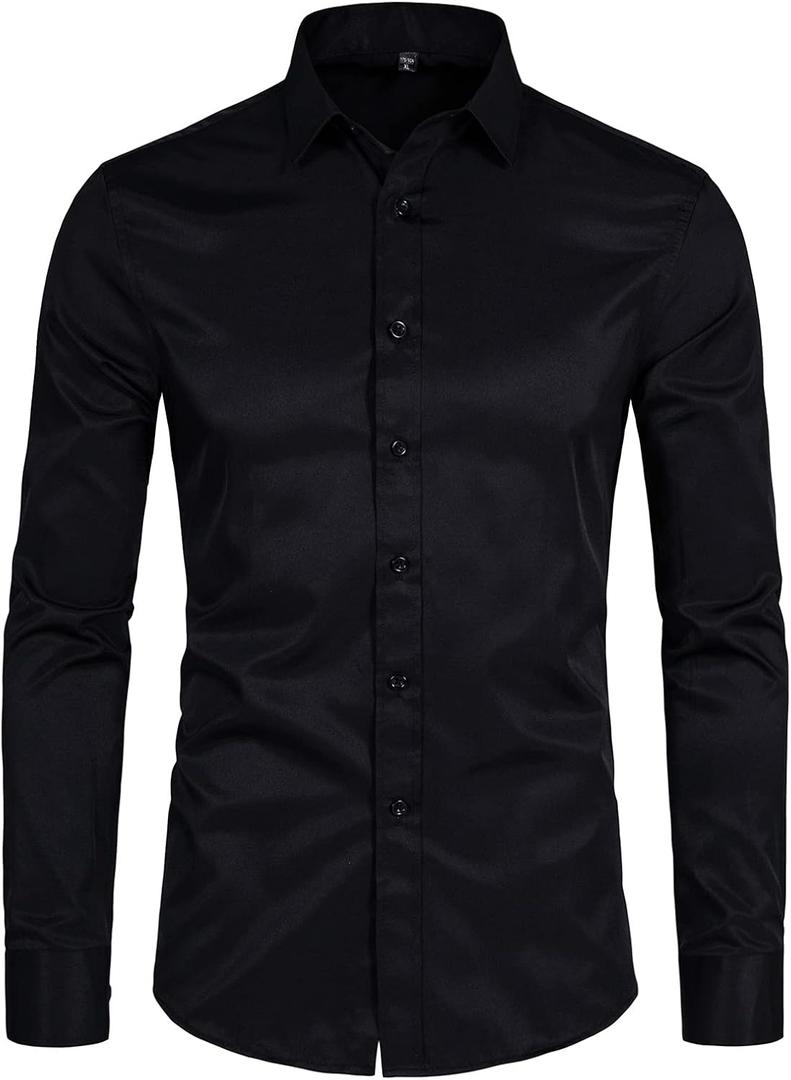 BEILU Stretch Mens Slim Fit Dress Shirts Formal Long Sleeve Button Down Shirts (Size 10, Black)